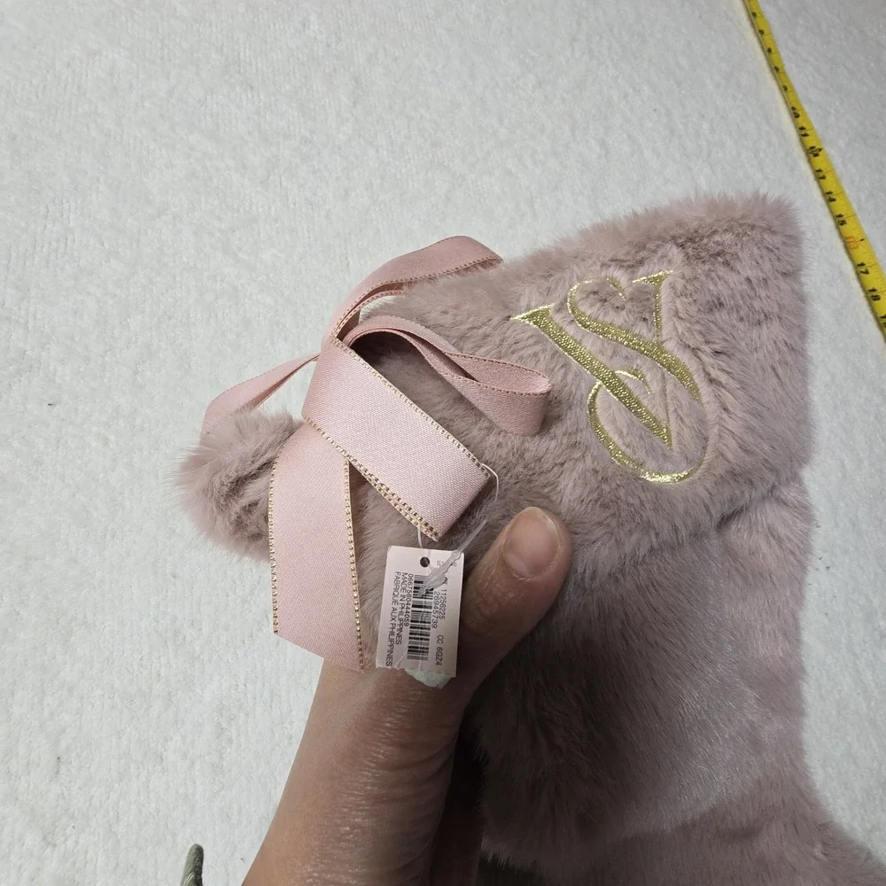 Victoria's Secret‎ Mauve Pink W/ Gold Trim Faux Fur Christmas Stocking New